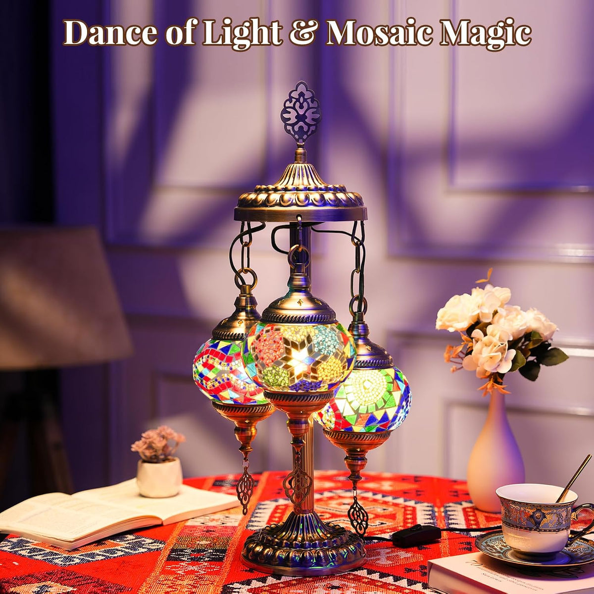 3 Globes Turkish Mosaic Lamp, 23" Handmade Moroccan Lamp, Multicolor