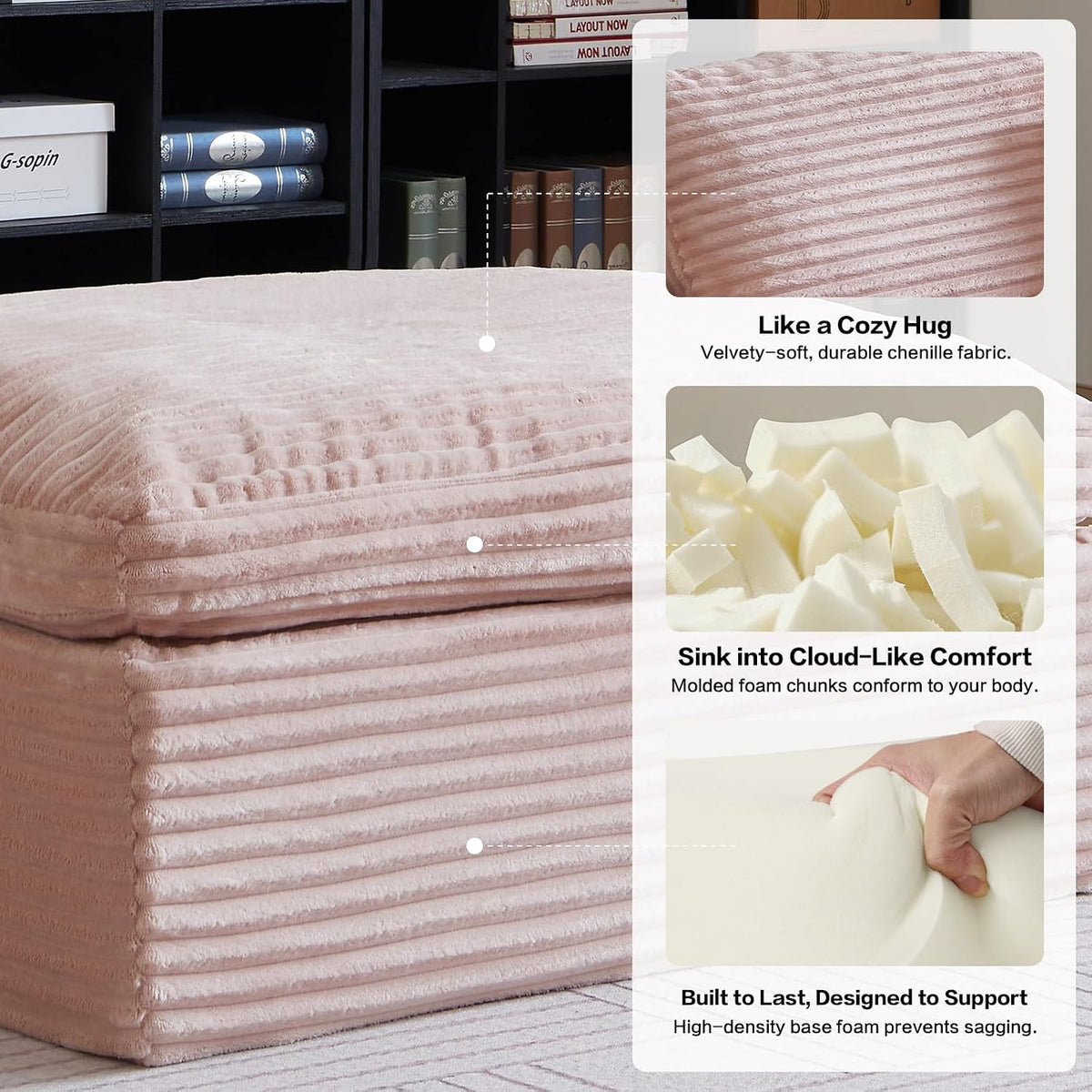 38.7" Large Square Ottoman, Cloud Pouf, Boneless, Dense Foam, Corduroy Pink