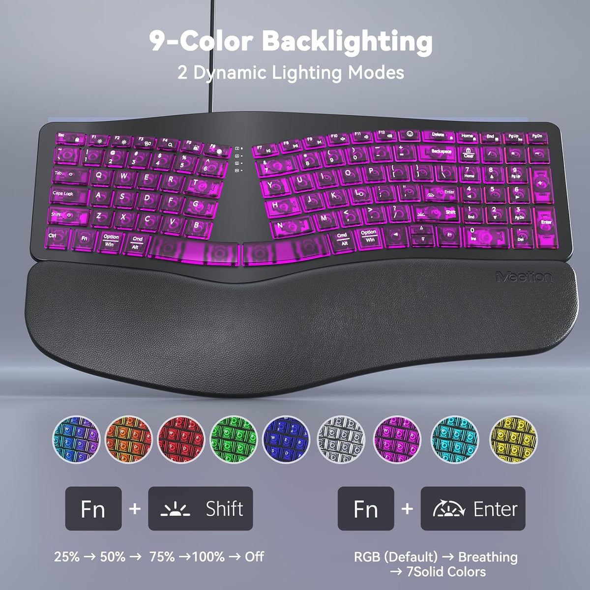MEETION Wired Ergonomic Keyboard with Backlit Keys and Wrist Rest, Black