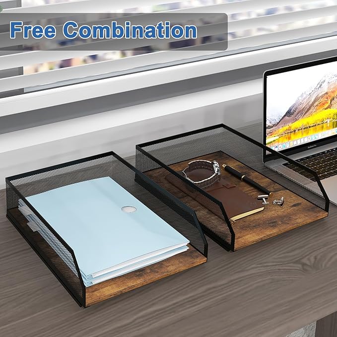 Natwind 2-Tier Stackable Paper Tray, Metal Mesh Desktop Organizer, Wood Board - Image 5