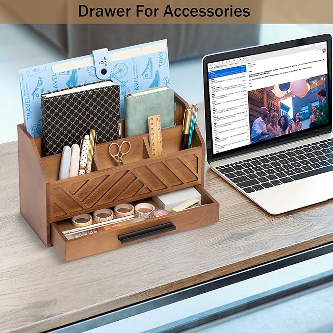 dreampossible Brown Wood Desk Organizer and Accessories - Image 3