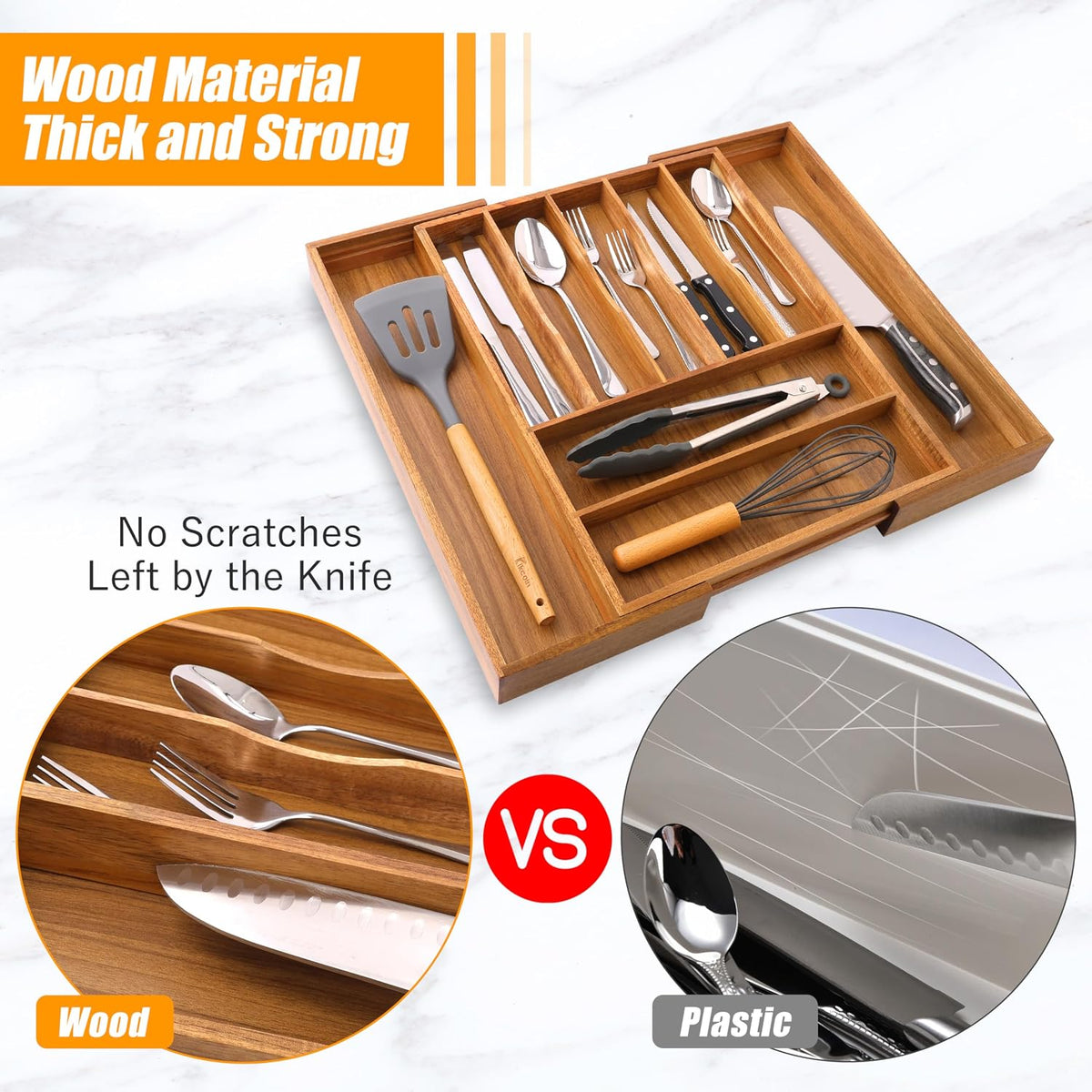 Bellsal Acacia Silverware Organizer Kitchen Drawer Organizer Expandable Bambo...