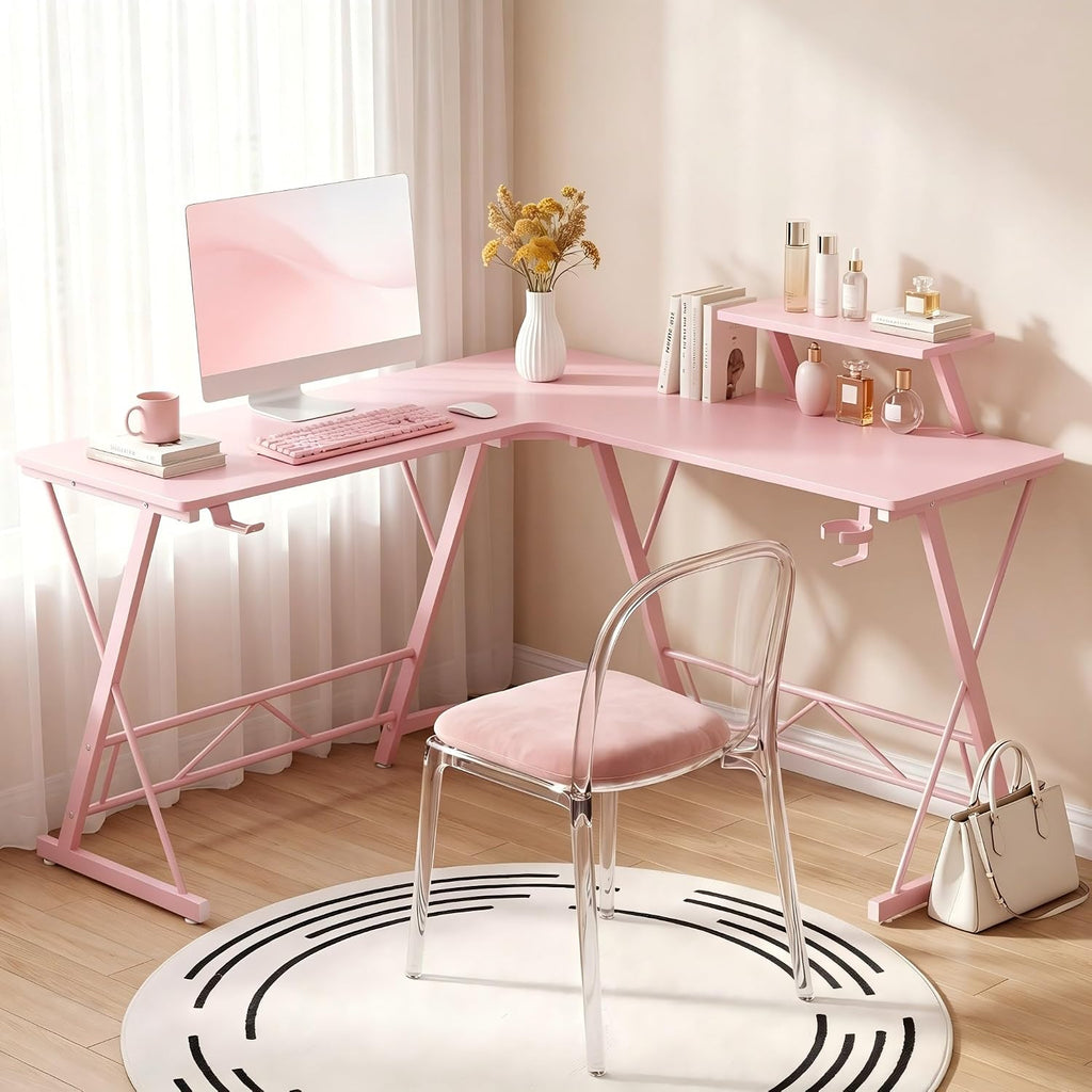 Mr IRONSTONE Gaming Desk with LED Lights, L Shaped Desk Corner with Cup Holder & Headphone Hook, Computer Desk Home Office Desks with Large Monitor Stand, Carbon Fiber Surface, Pink 51 Inch
