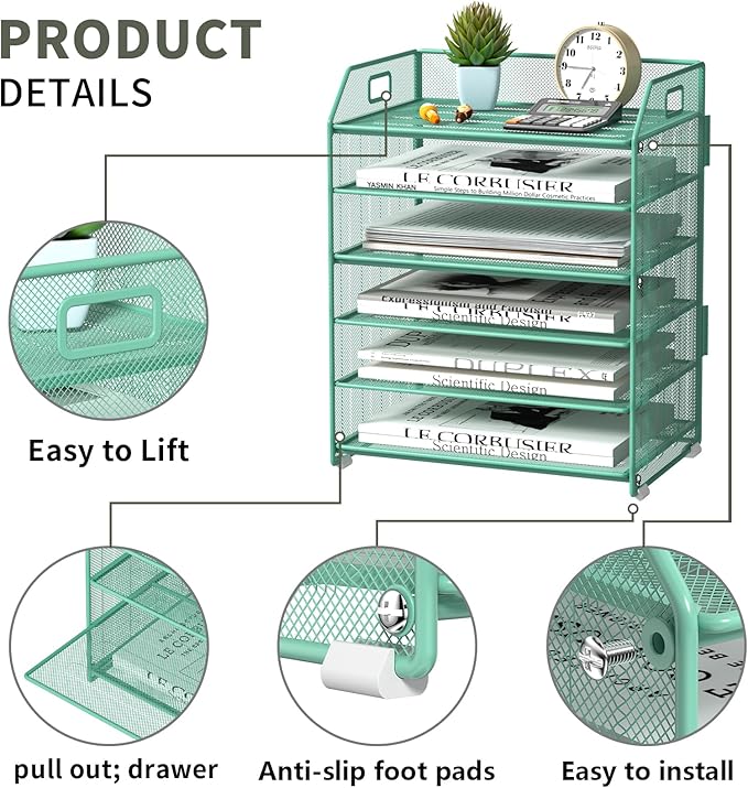 6 Tier Desk Organizer, Heavy-Duty Thick Metal Letter Tray Organizer, Large - Image 3