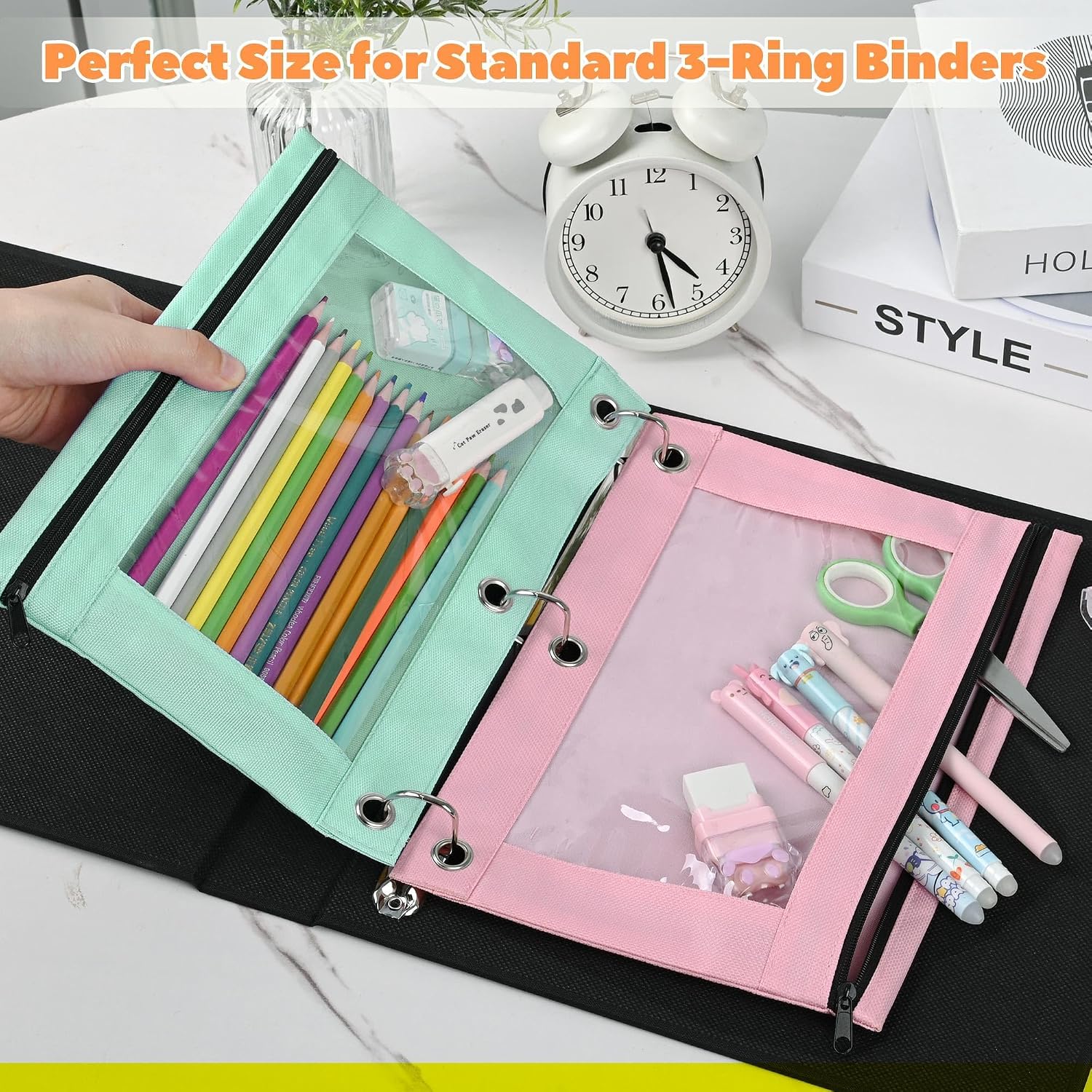 Lanpn Pencil Pouch for 3 Ring Binder 6 Pack, Pastel Binder Pen Bags with Zipper, Aesthetic 3 Holes Pencil Pouches Organizer for Boy Girl Kids School Student, Reinforced Grommets & Clear Window