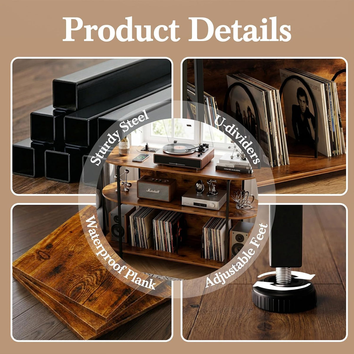 Faesun Vinyl Record Player Stand with Power Outlets, 43.3" Mid Century T...