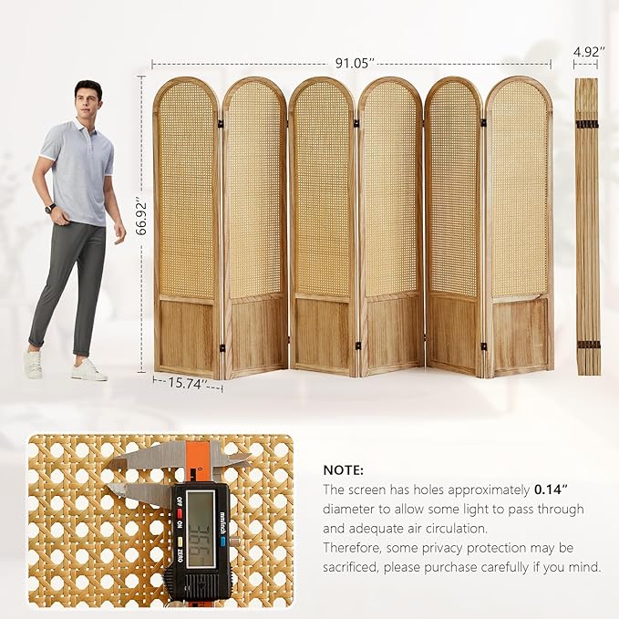 Asnefeli 6 Panels Room Divider, Folding Privacy Screen, Foldable Wood Rattan - Image 3