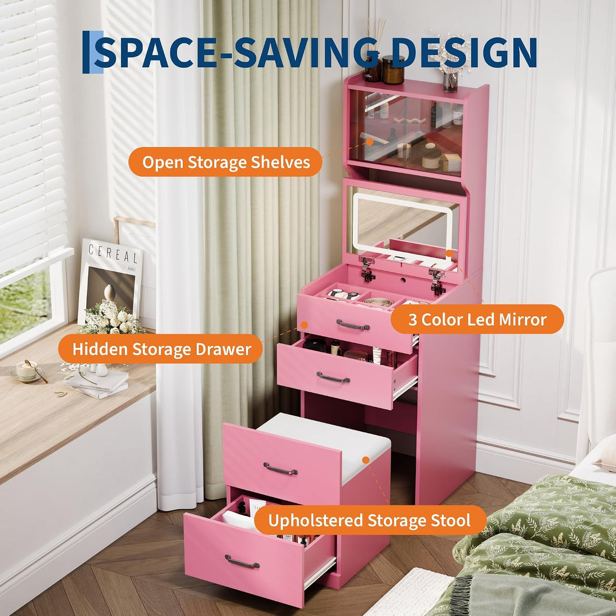 3-in-1 Vanity Desk with 3 Color LED, Compact Makeup Vanity Set with 2 AC Outl...