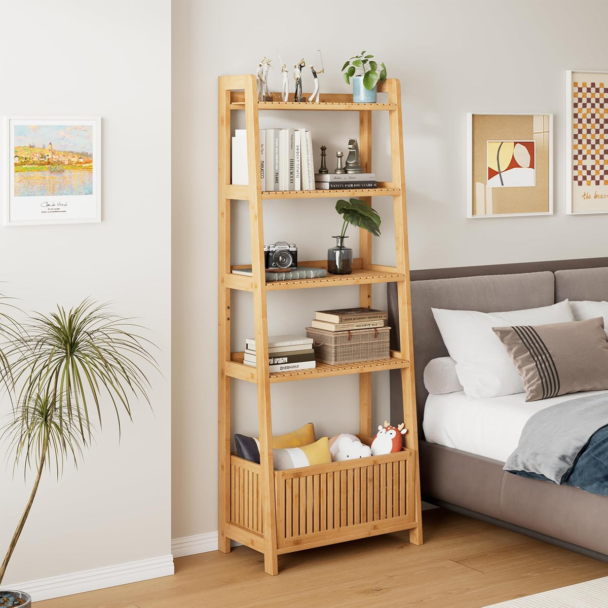 Bamjoy Bamboo Ladder Shelf, Bookshelf with 4 Display Shelves and 1 Open Stora...