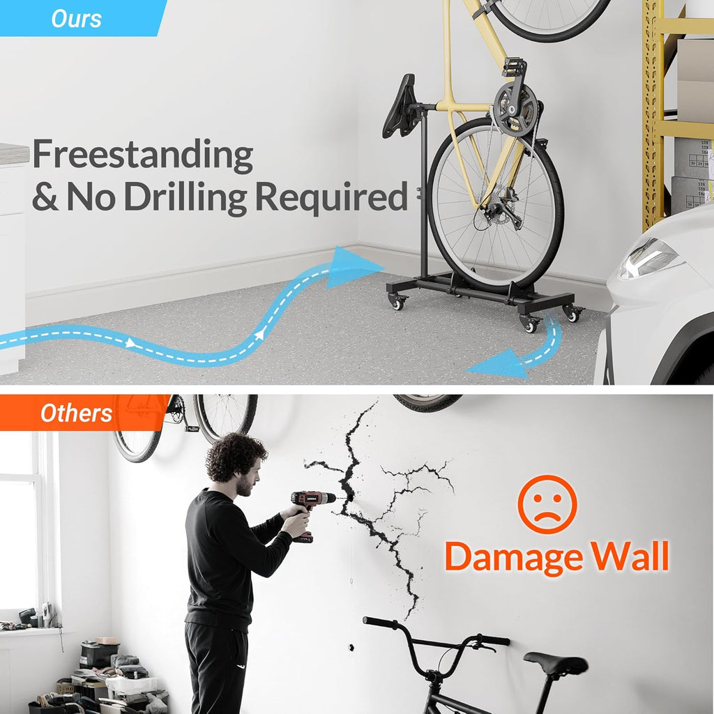 vertical bike stand, freestanding bike rack for garage, side view
