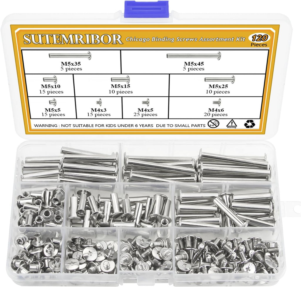 120 Pieces M5 x 5/10/15/25/35/45mm Chicago Screw Binding Screws Posts Assortment Kit for DIY Leather Bookbinding Crafts
