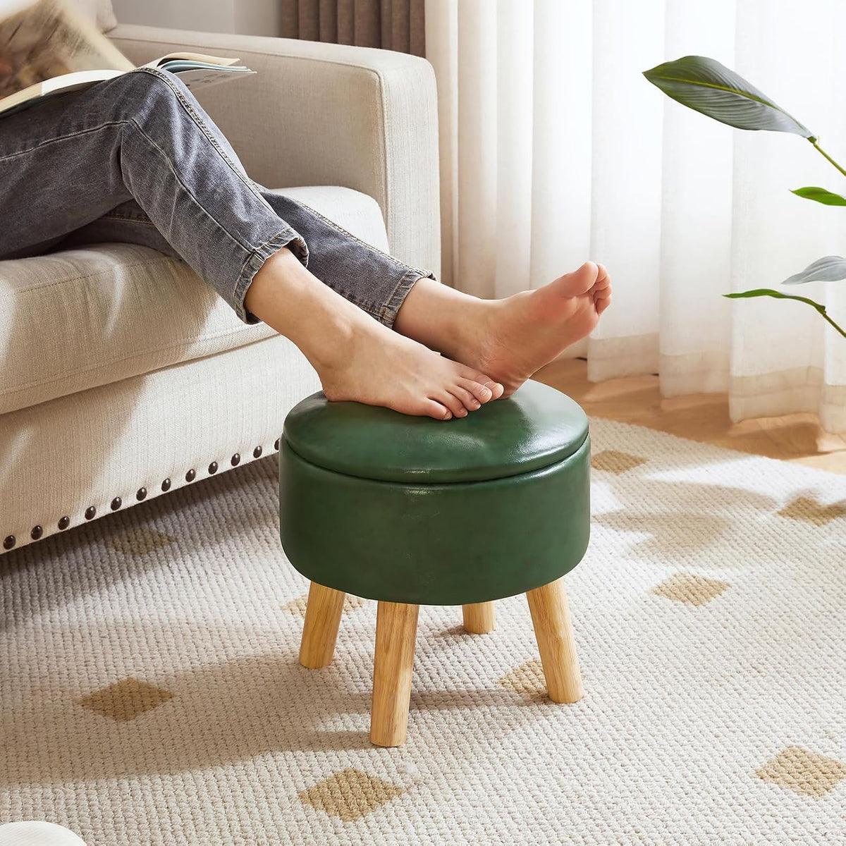 IBUYKE Small Foot Stool Ottoman with Storage, Round, Dark-Green WBD023GR