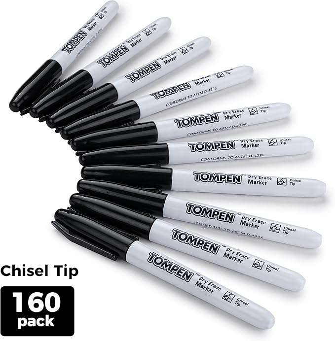TOMPEN Dry Erase Markers Black, 160 Bulk Pack Chisel Tip, Low Odor Quick-Drying - Image 2