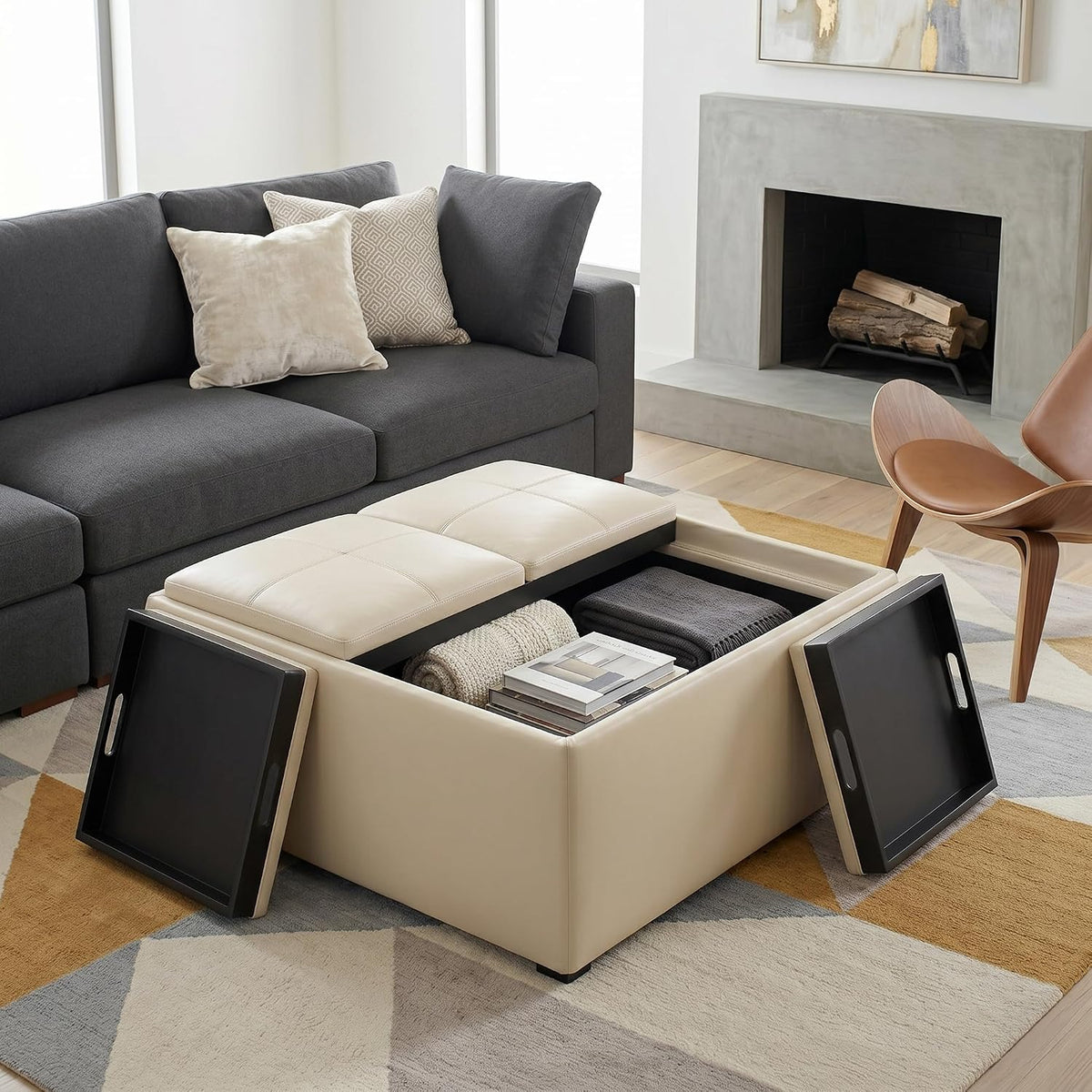 SIMPLIHOME Avalon 35" Wide Vegan Leather Square Storage Ottoman in Cream