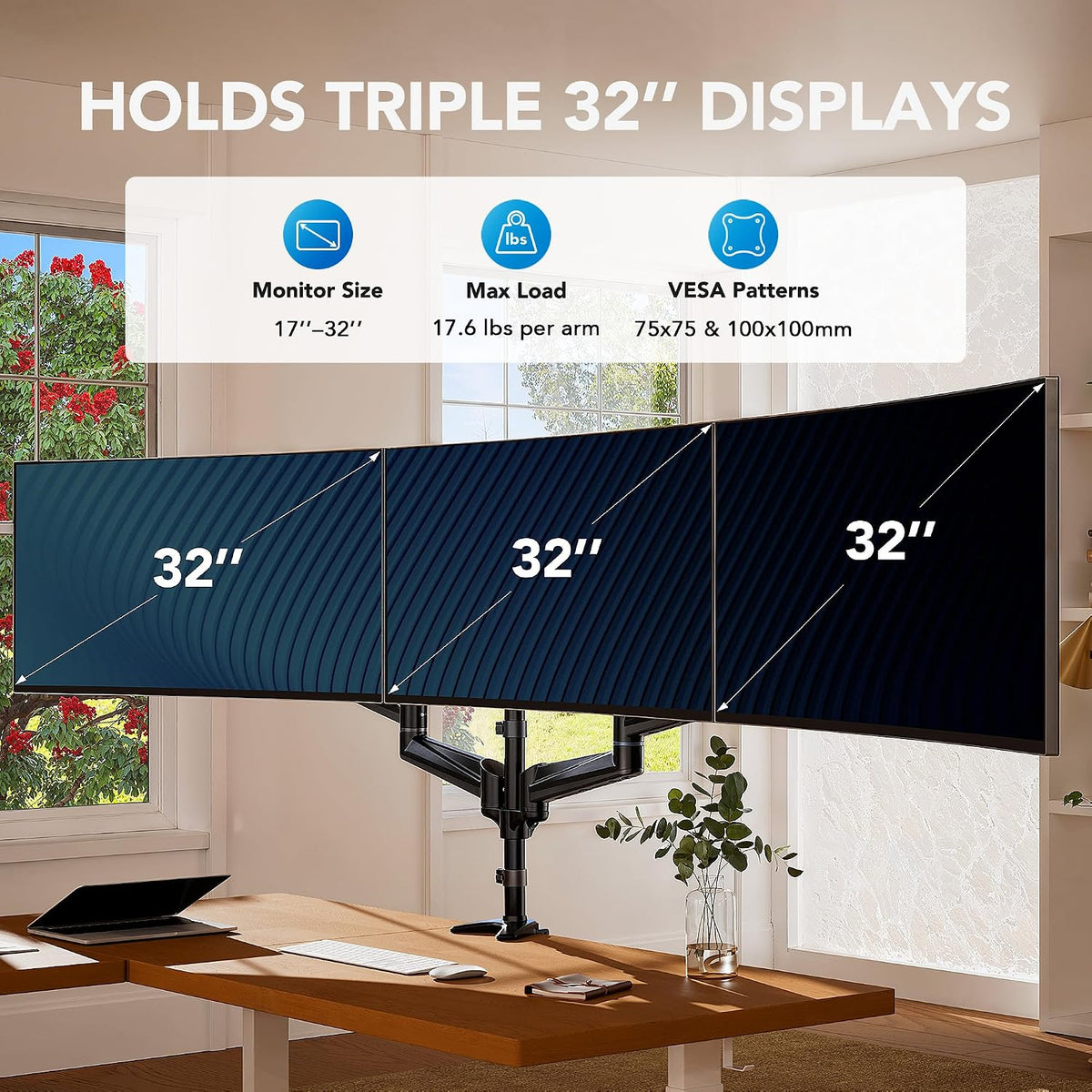 huanuo triple monitor mount for 17 to 32 shown in use