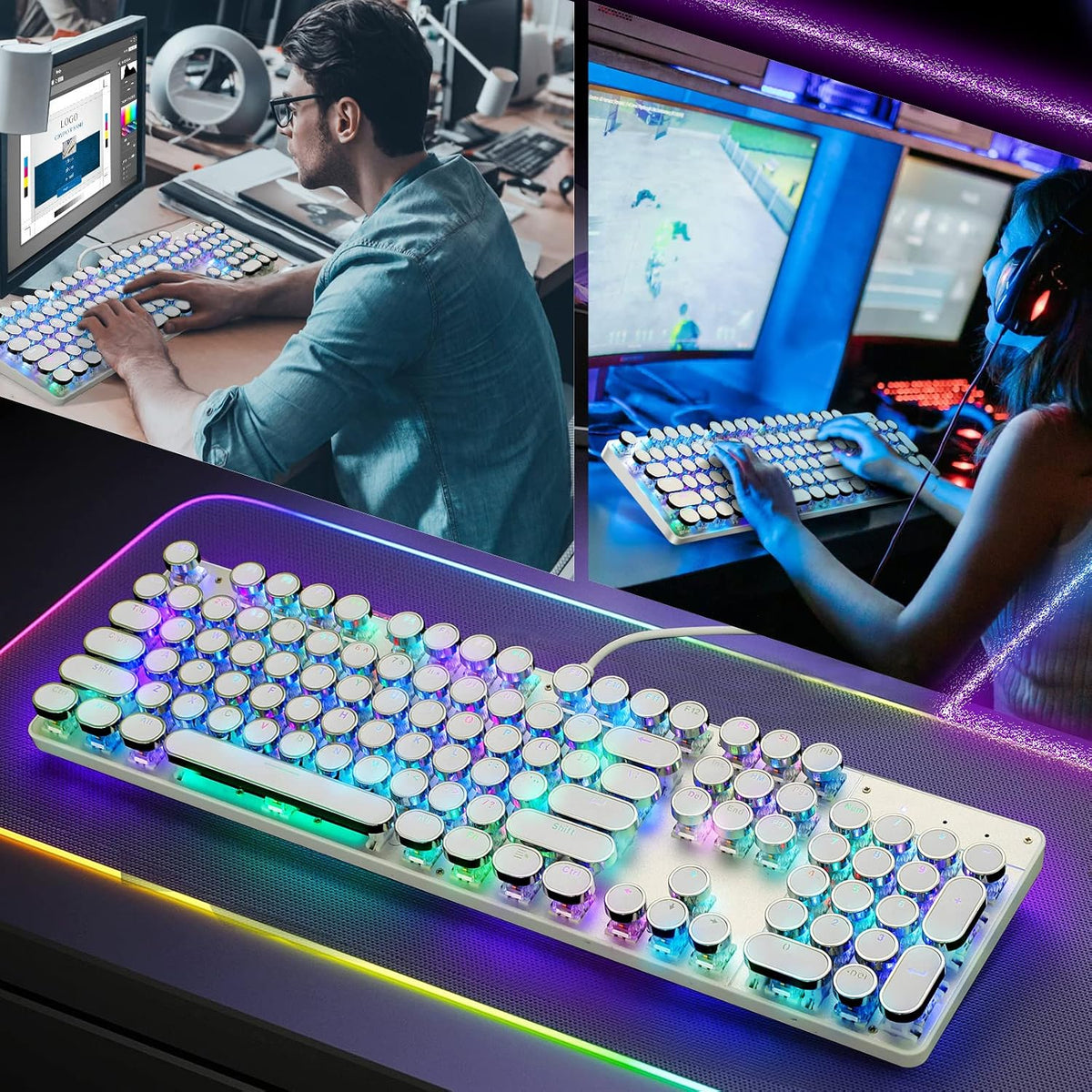 YSCP Typewriter Style Mechanical Gaming Keyboard RGB Backlit Wired with Blue ...