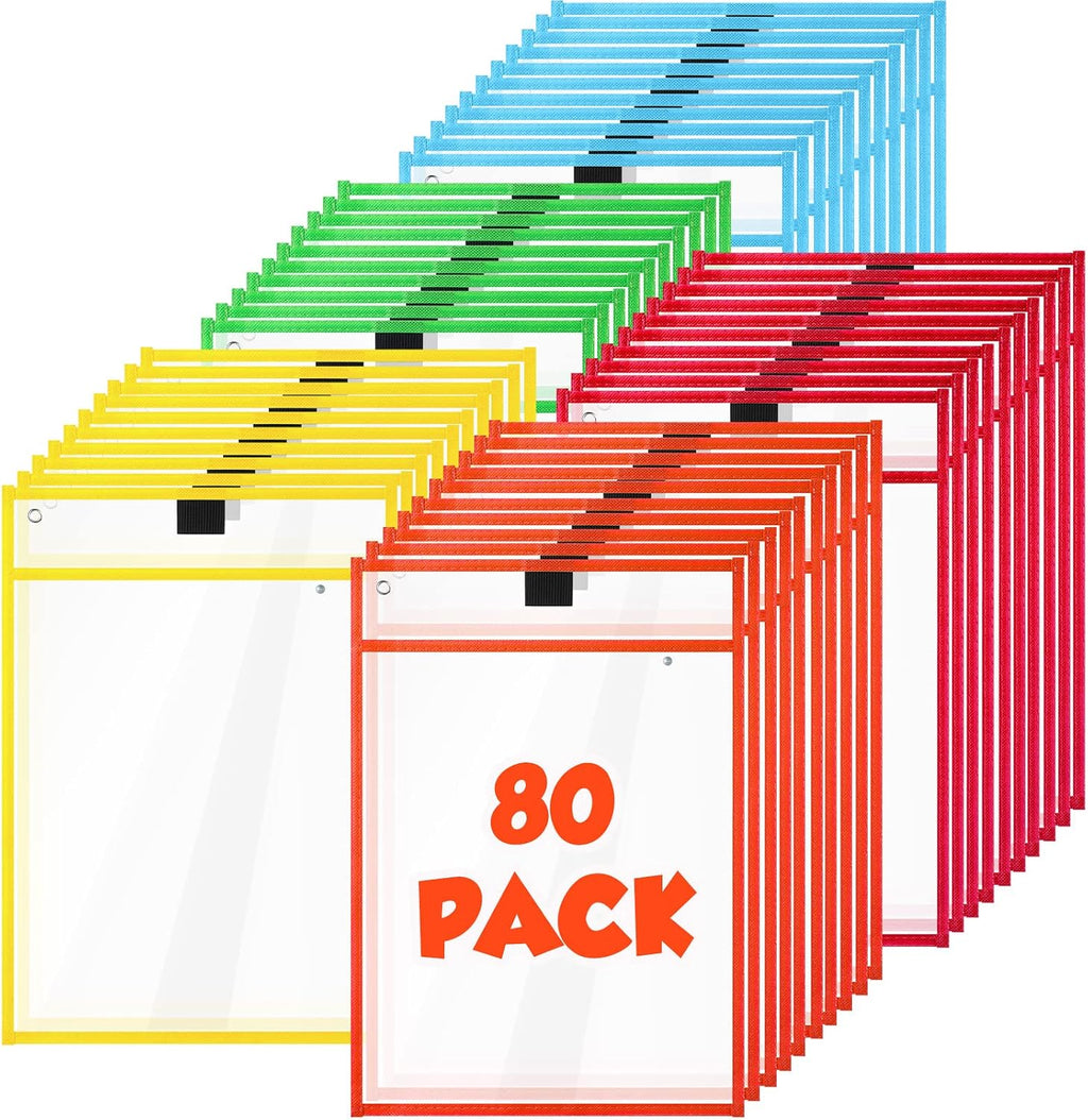80 Packs Oversized Dry Erase Pockets Sleeves Reusable, 10x14 Inch | 5 Colors, Plastic Ticket Holders, Clear Pocket Sleeves for Back to School Classroom Office Home Student Teacher Supplies