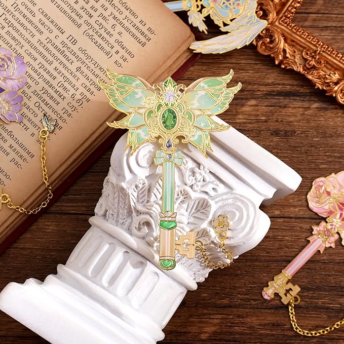 4pcs Metal Bookmarks Set for Reading Women and Men, Enchanted Floral Wing Key - Image 9