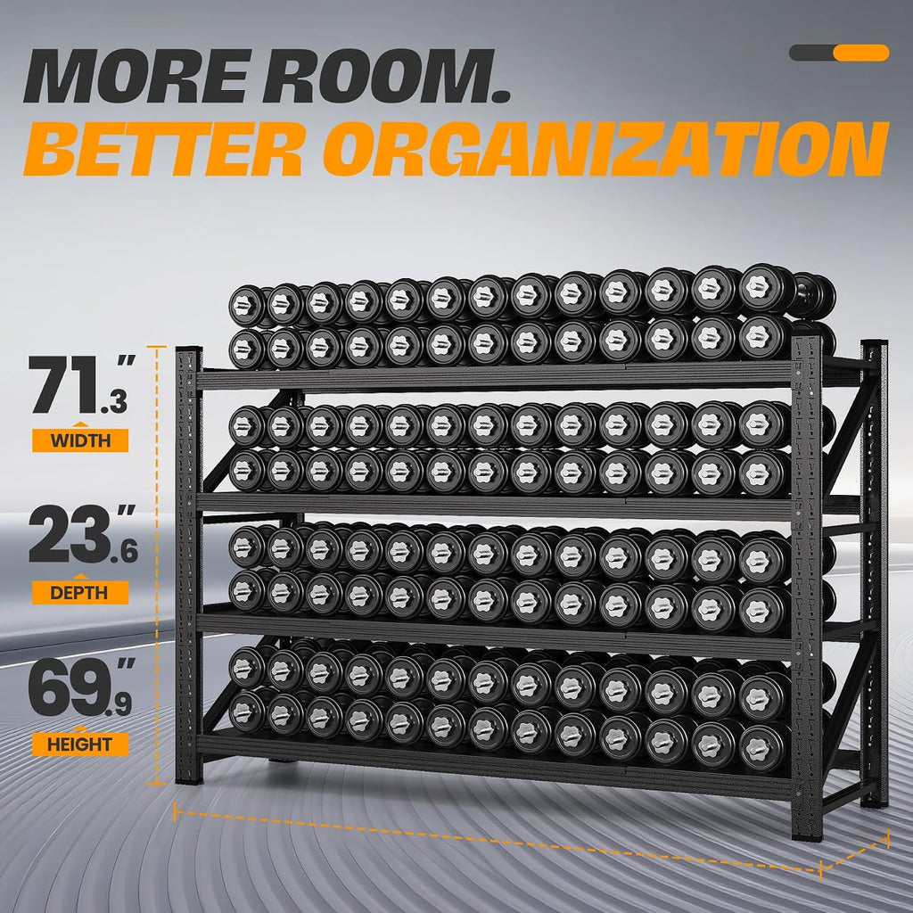 bynsoe heavy duty shelving unit 71''w, garage shelving shown in use