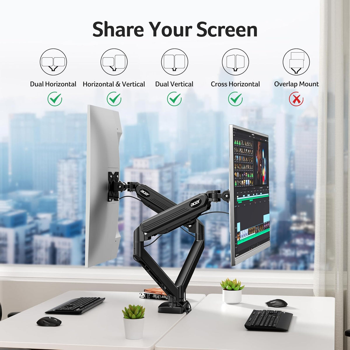 acer dual monitor arm, gas spring vesa mount, front angle view