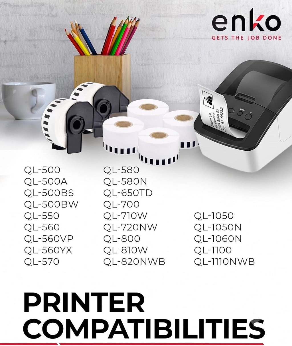 enKo DK-2205 12 Rolls Continuous Direct Thermal Labels | 2.4 in x 100 ft | 4 Refillable Cartridge Frames, Cut-to-Length, Compatible with Brother QL Label Printers QL-800, QL-820NWB QL 810W