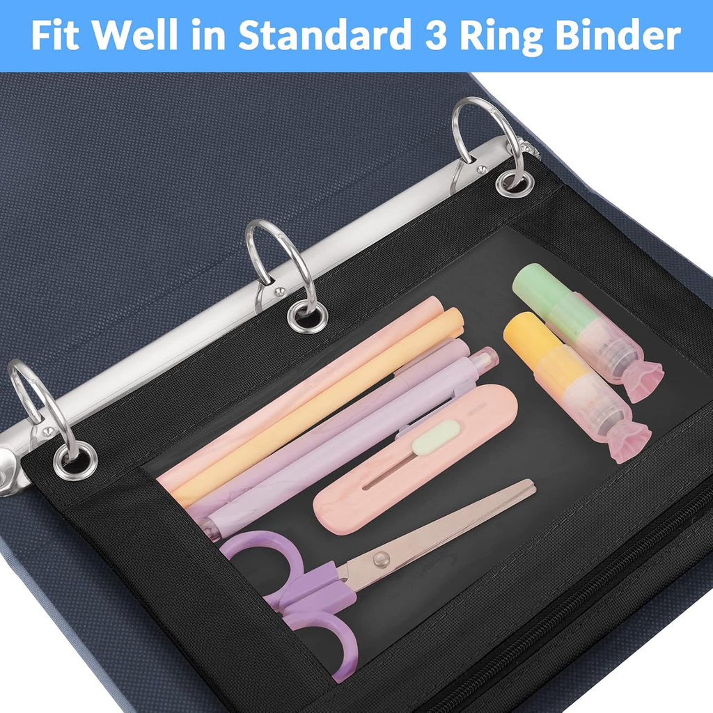 Sooez Pencil Pouch for 3 Ring Binder, 2 Pack Binder Pencil Pouch | Pencil Bags with Clear Window, Zipper & Reinforced Grommets, Pencil Case for Binder Black & Black