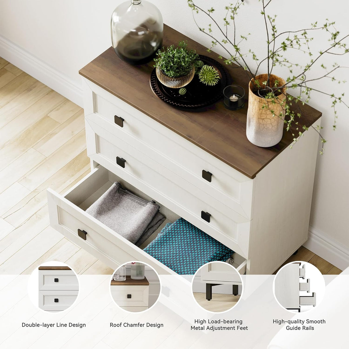 FENSULN Modern White Dresser for Bedroom with 3 Drawers,Chest of Drawers with...