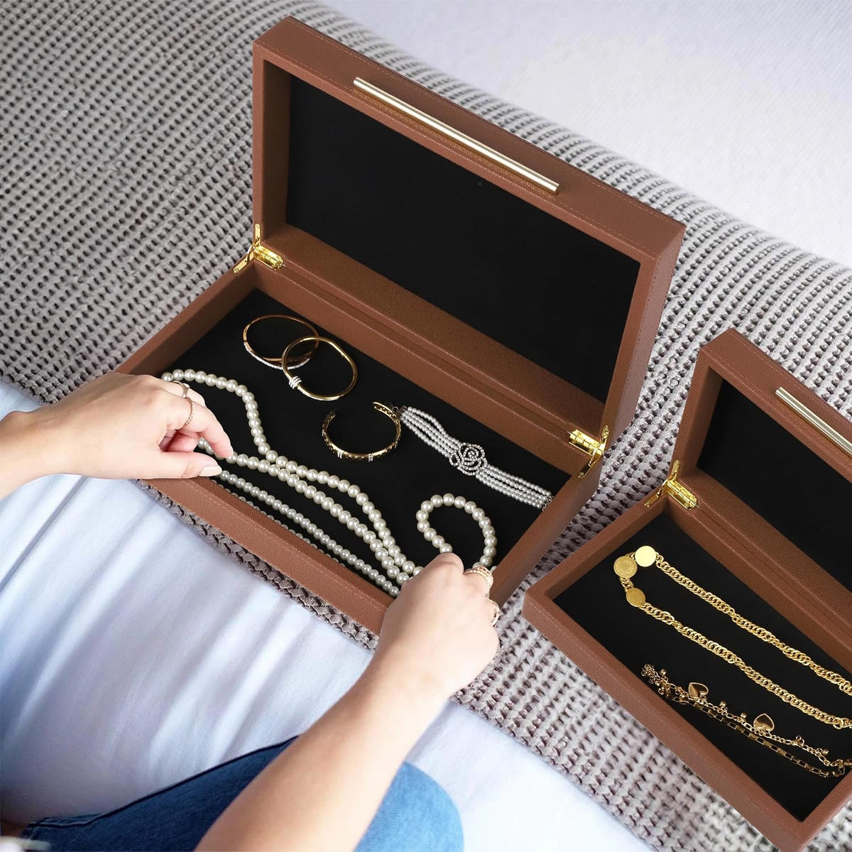 HofferRuffer Faux Leather Decorative Boxes Set of 2, Large Nesting Keepsake B...
