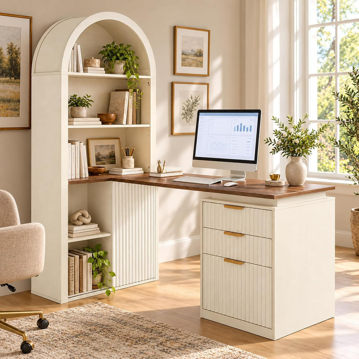 NORTHSKY 61" L Shaped Desk with Arched Hutch, White Corner Computer Desk...