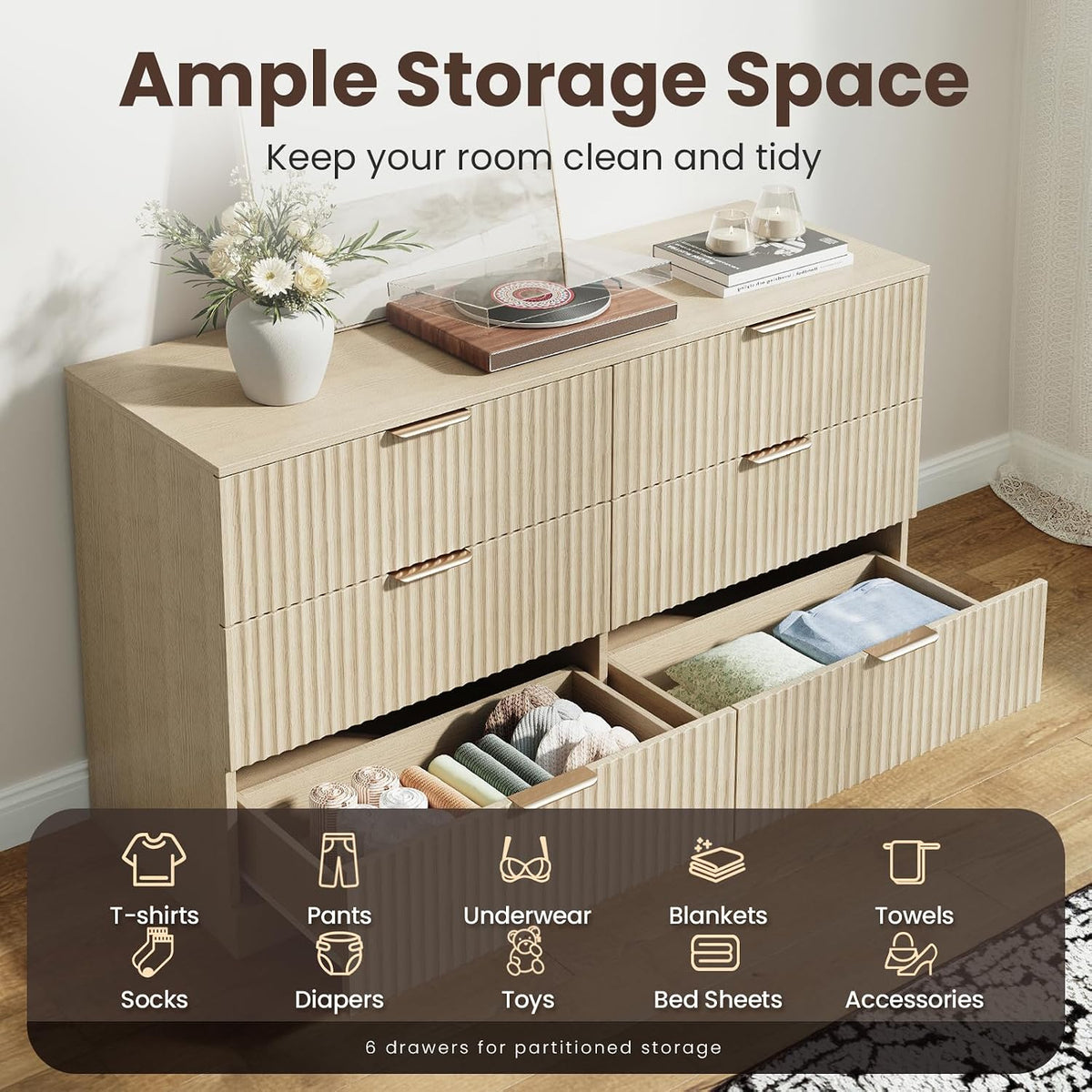 MALOL Modern Fluted 6 Drawer Dresser, Wide Wooden Storage Cabinet with Metal ...