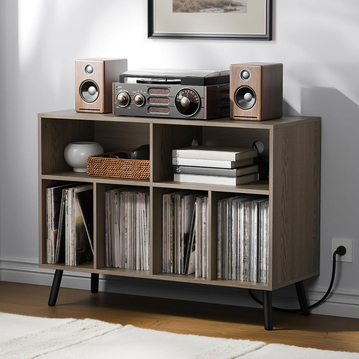 Cozy Castle Record Player Stand with Vinyl Storage Cabinet, Wood Turntable Ta...