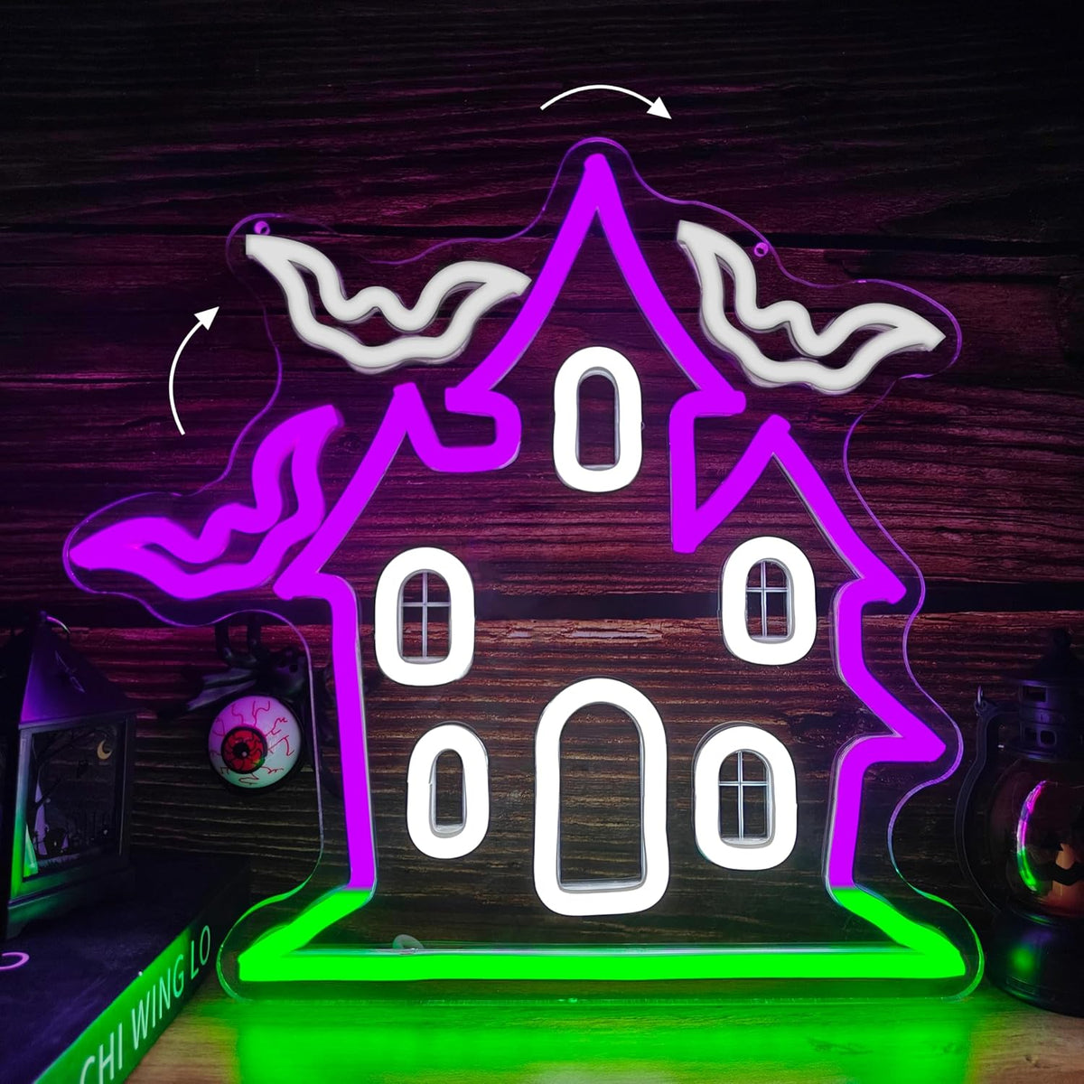 Haunted House with Flying Bat Halloween Neon Sign Dimmable Led Wall Decor