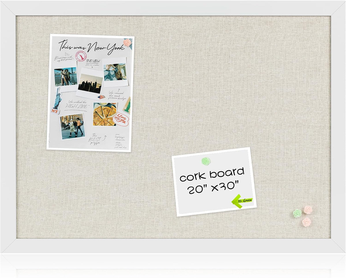 White Cork Board Bulletin Board with Linen, Wood Framed 30" x 20" C...