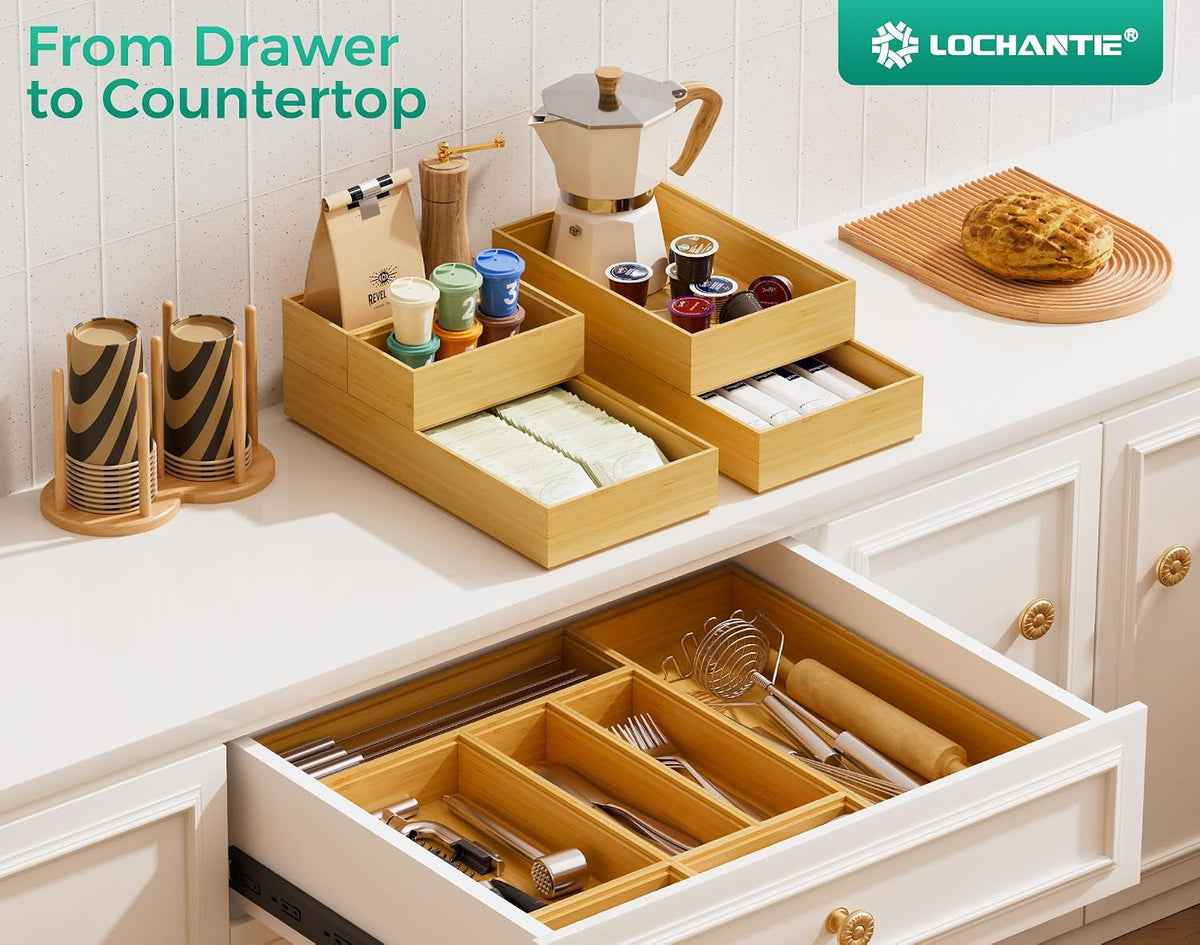 Long Bamboo Kitchen Drawer Organizer Boxes 17" x 6" Wood Pantry Org...