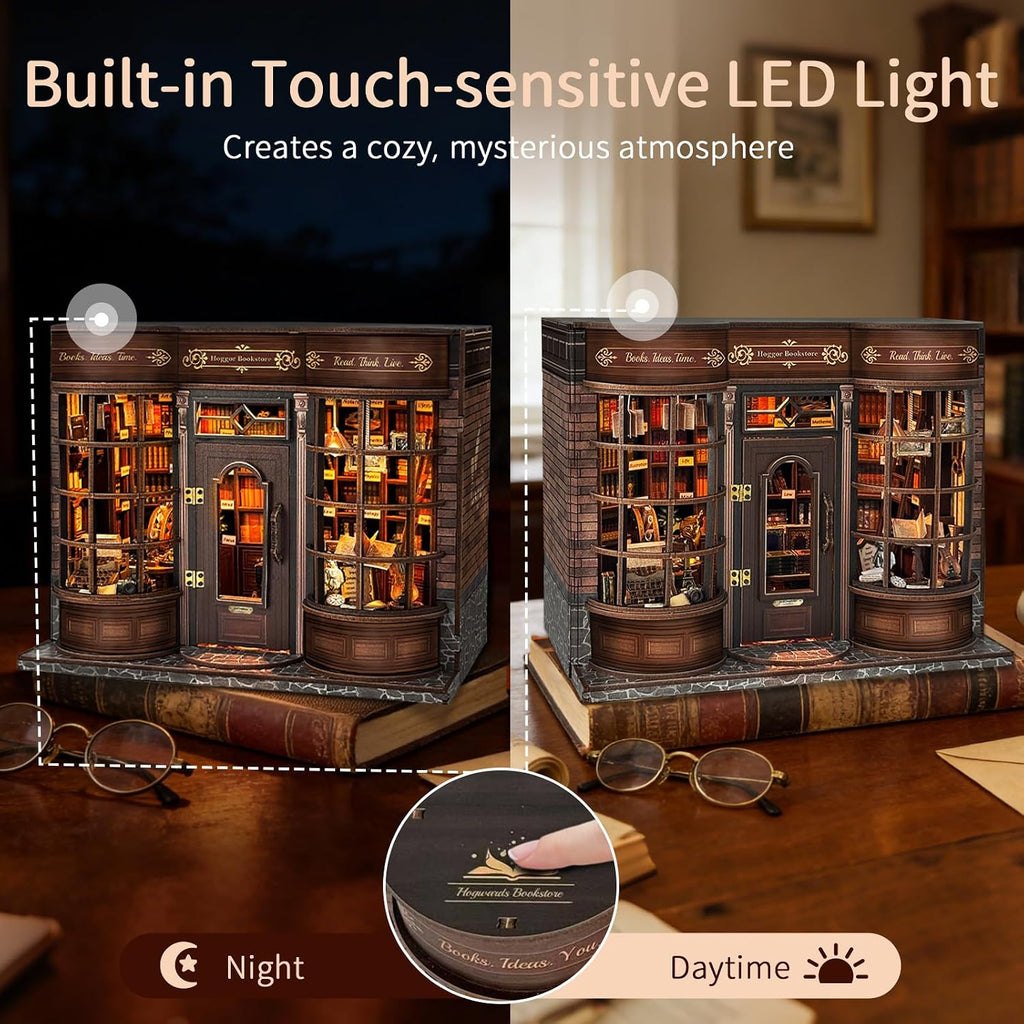 BELEEV Book Nook Kit for Adult and Teens,3D Wooden Puzzle(Hoggor Bookstore) | DIY Miniature Dollhouse Kit with LED Light, Openable Door Booknook Bookshelf Decor Craft, Birthday Gifts for Women Teens