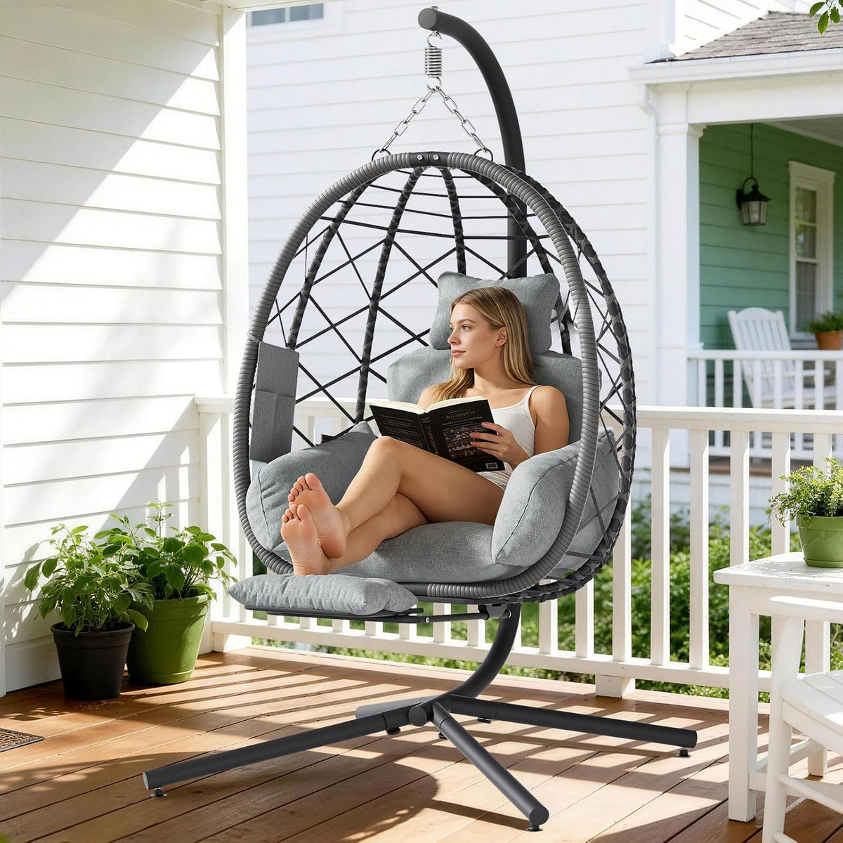 Suteck Hanging Egg Chair with Adjustable Footrest & Stand, Grey