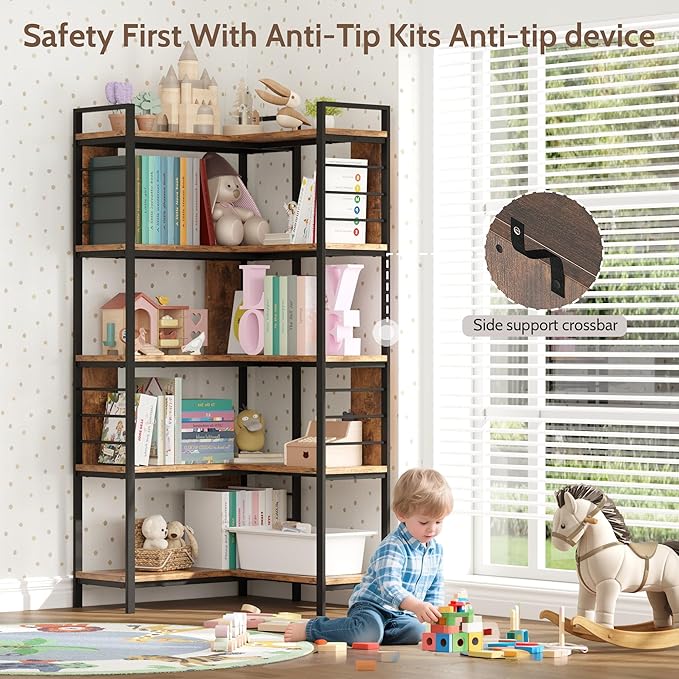 5 Tier Corner Bookshelf, Reversible Corner Shelf, Industrial Wooden Display - Image 5