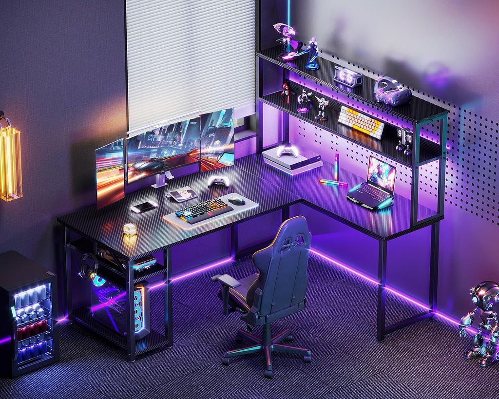 ODK 53 Inch L Shaped Gaming Desk with Hutch & Headphone Hook | Black Corner Computer Table with LED light & Storage Shelves for Home Office