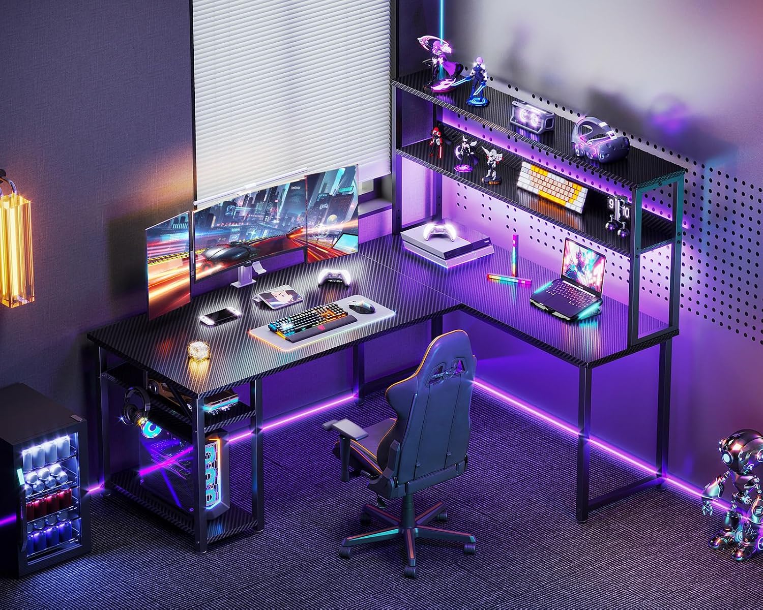 ODK 53 Inch L Shaped Gaming Desk with Hutch & Headphone Hook | Black Corner Computer Table with LED light & Storage Shelves for Home Office