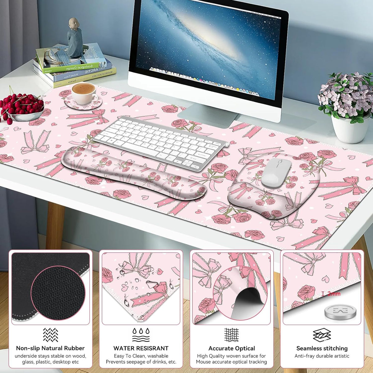 Pink Mouse Pad with Wrist Support 4 in1 Set, XXL Big Game Mousepad + Keyboard...