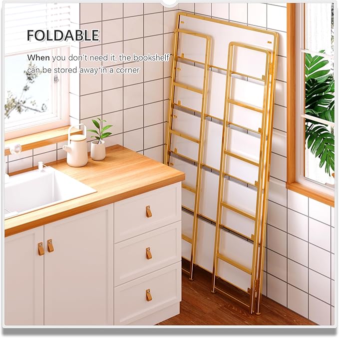 4NM No Assembly Extra Wide 5 Tiers Folding Bookshelf Storage Shelves Vintage - Image 4
