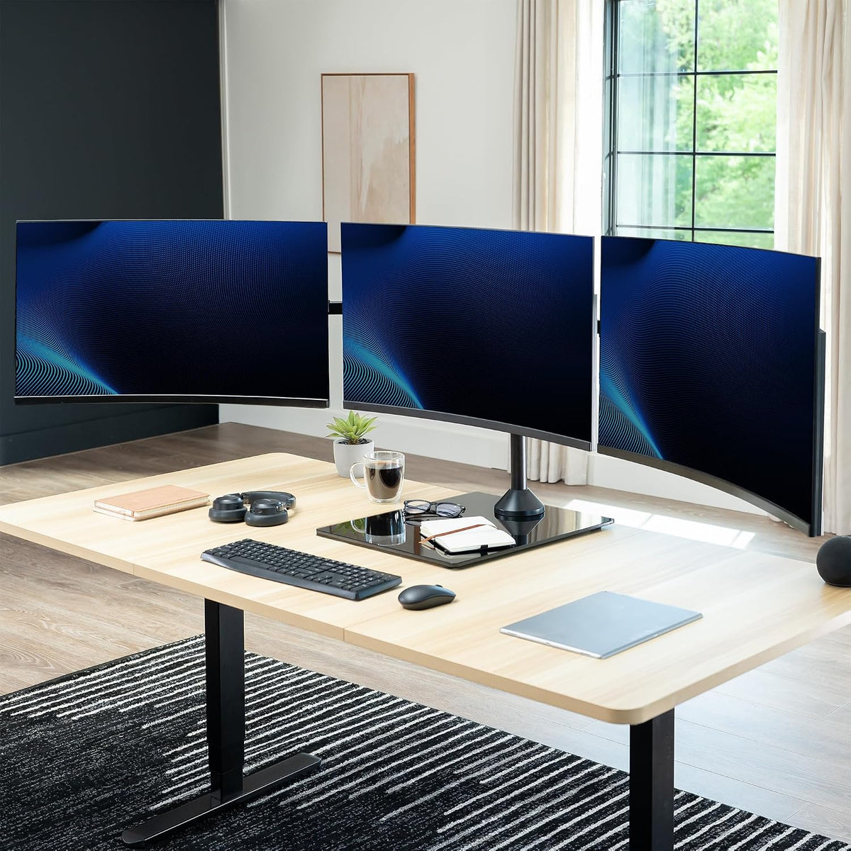 VIVO Black Triple Monitor Mount, Freestanding Triple Monitor Arm Stand for De...