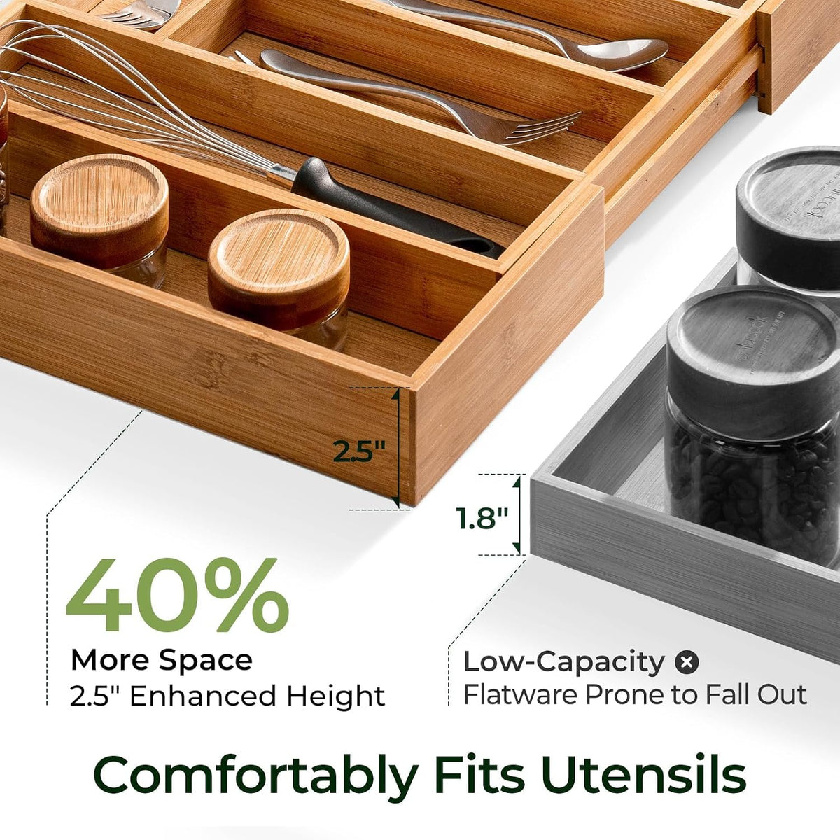 keechee Carbonized Large Bamboo Kitchen Drawer Organizer, 12 Slots Expandable...