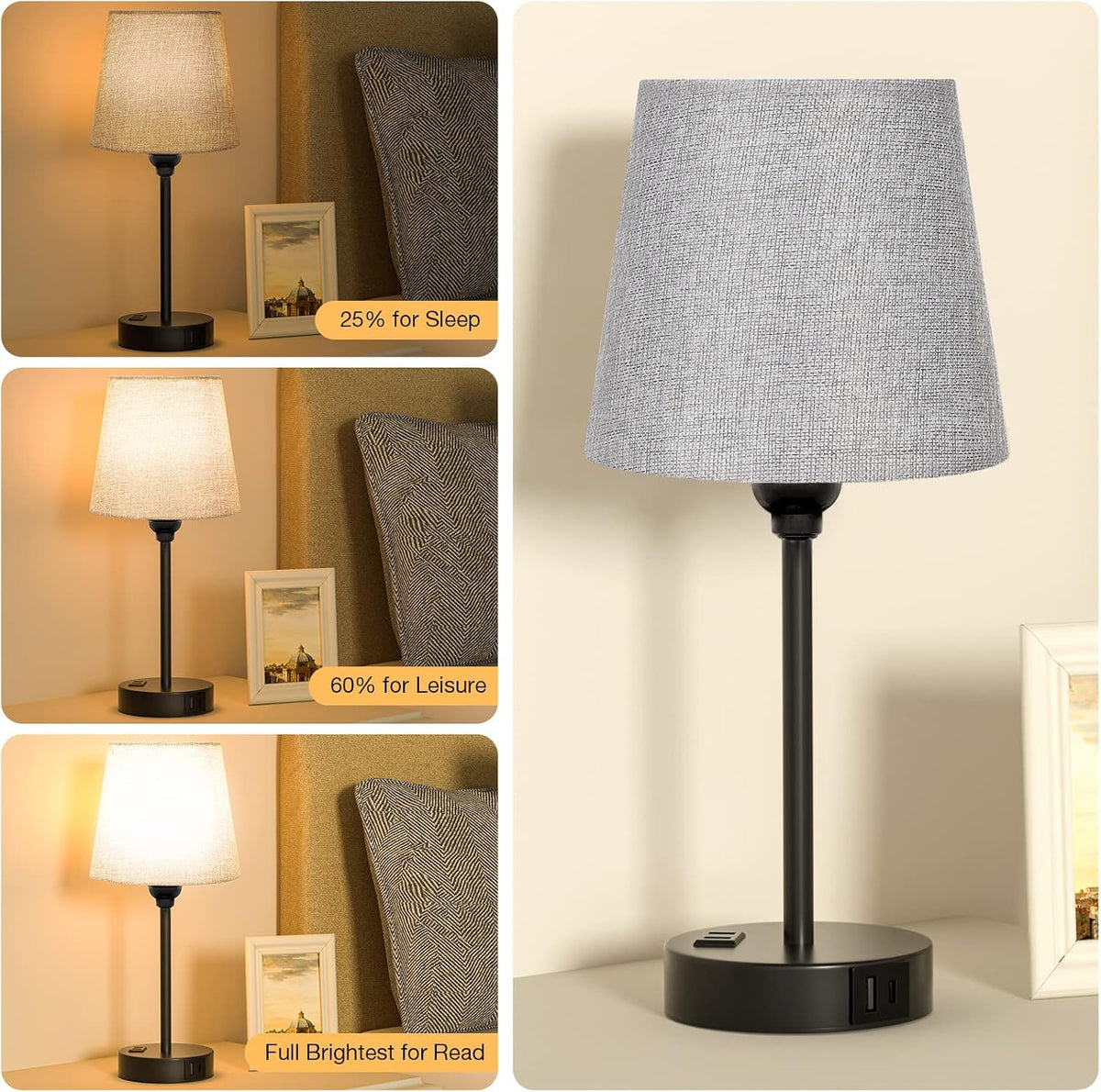 Grey Bedside Lamps Set 2 for Bedroom - Dimmable Touch, USB C+A, AC Outlet