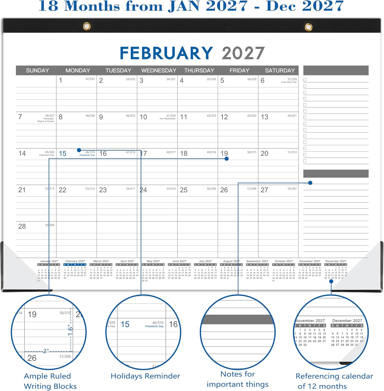 2027 Desk Calendar - 12 Months Calendar from January 2027 to December 2027 | 12 Months Calendar Pad with Black Corner Protectors, 17" x 12", Large Ruled Blocks, Large Office Desk Top Calendar