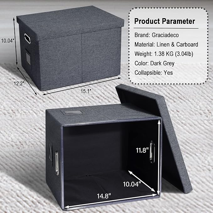 4-Pack Modern Minimalist Dark Gray Collapsible Linen File Folder Box - Image 2