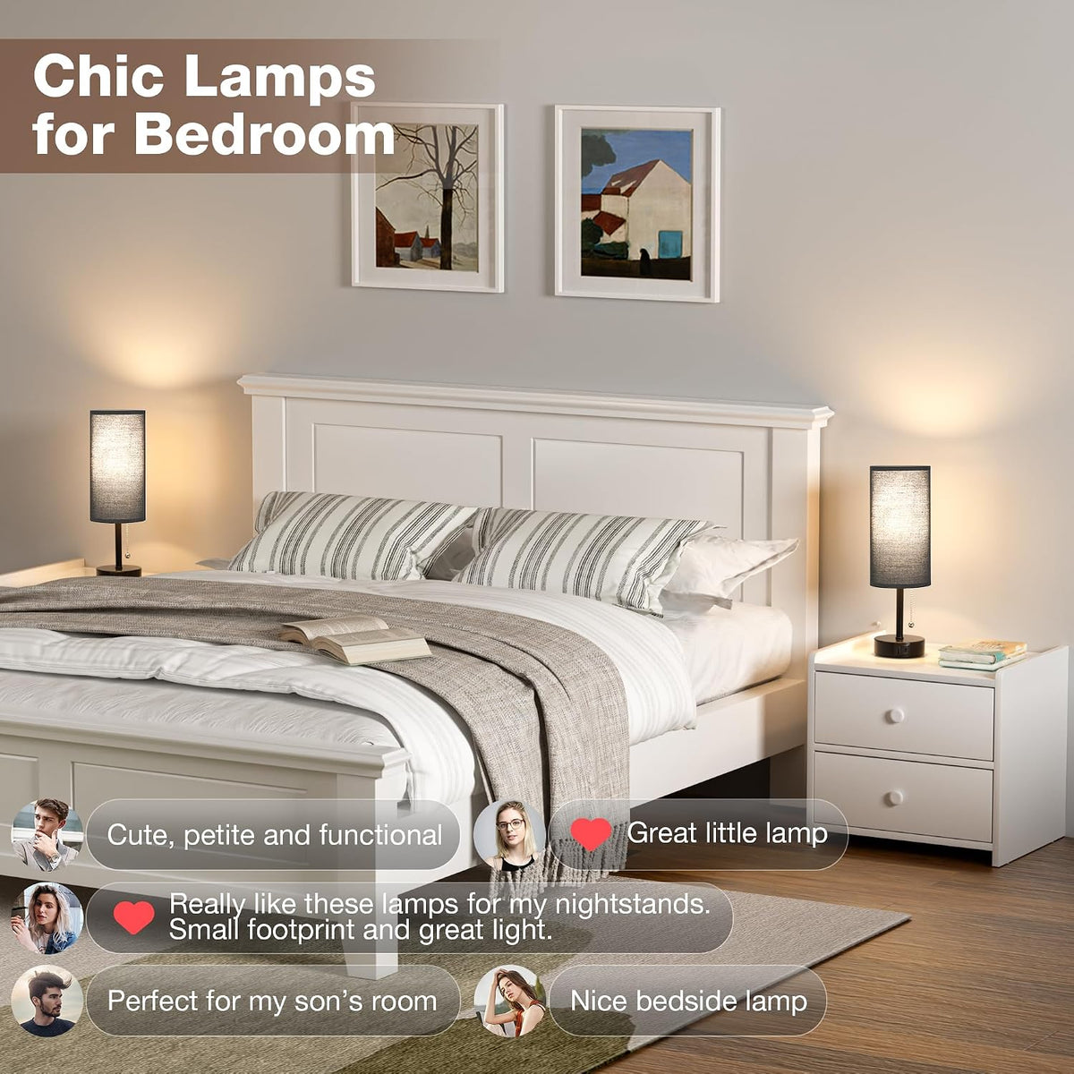 Black Bedside Lamp for Bedroom Nightstand - Small Table Lamp Set of 2
