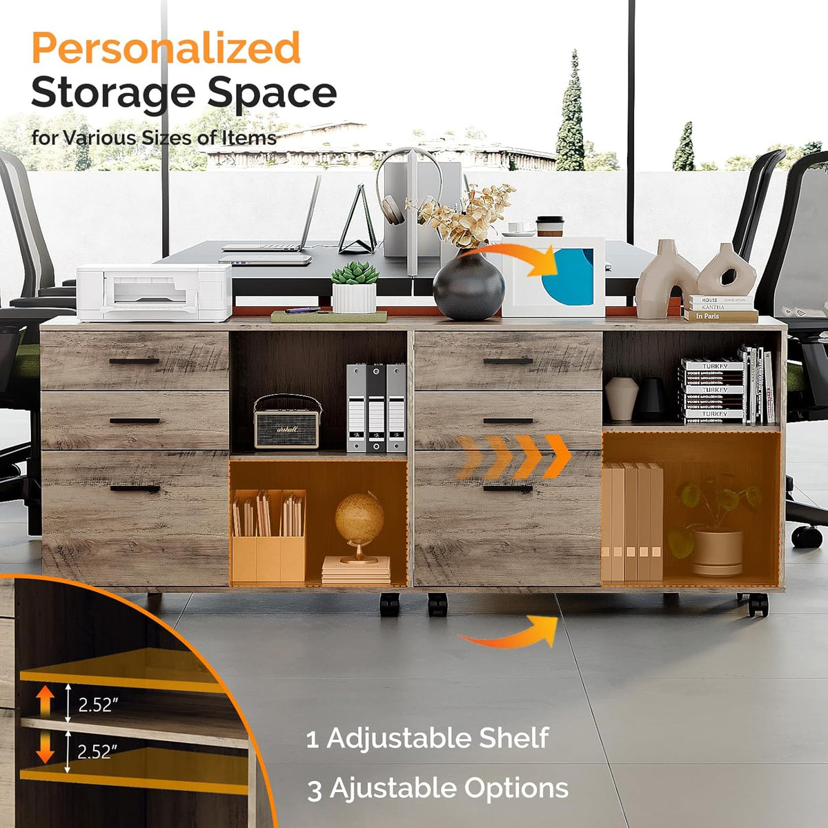VINGLI 3 Drawer Wood Lateral File Cabinet with Adjustable Shelves & Locki...
