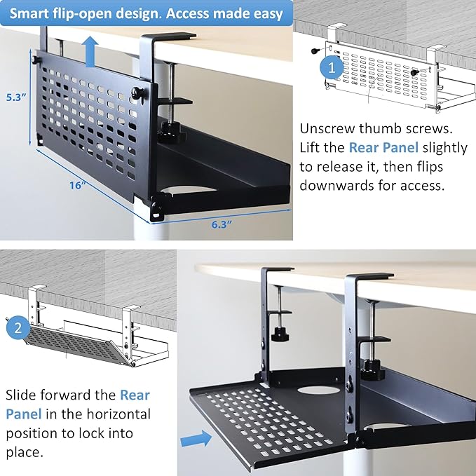 AEONS Universal Under Desk Cable Management Tray-Clamp Mount Hinged Swing - Image 2