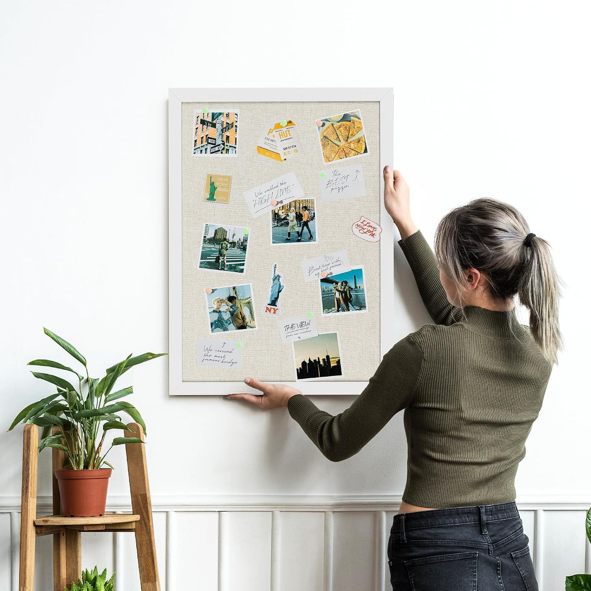 White Cork Board Bulletin Board with Linen, Wood Framed 30" x 20" C...